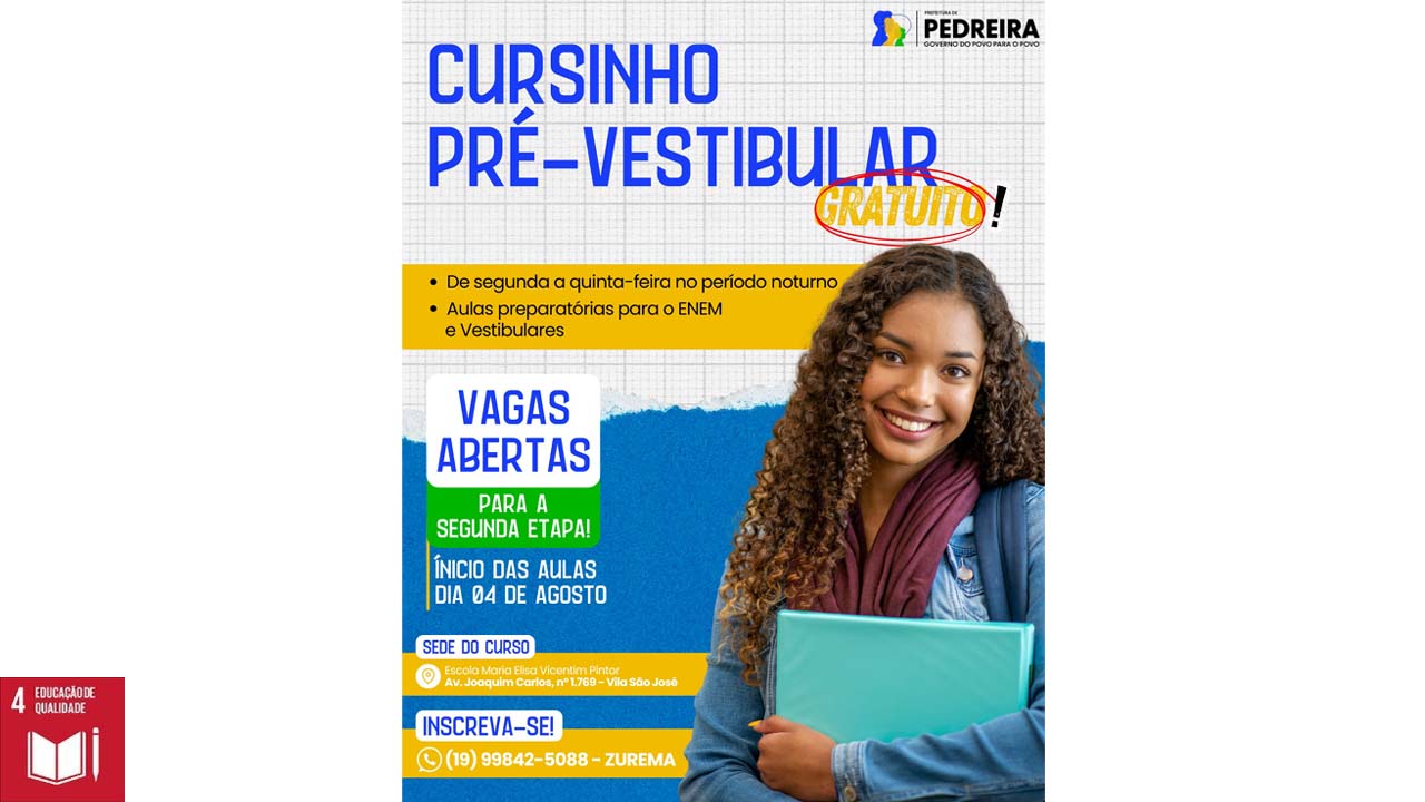 Cursinho Municipal Pré-Vestibular de Pedreira recebe inscrições até segunda-feira, 04 de agosto
