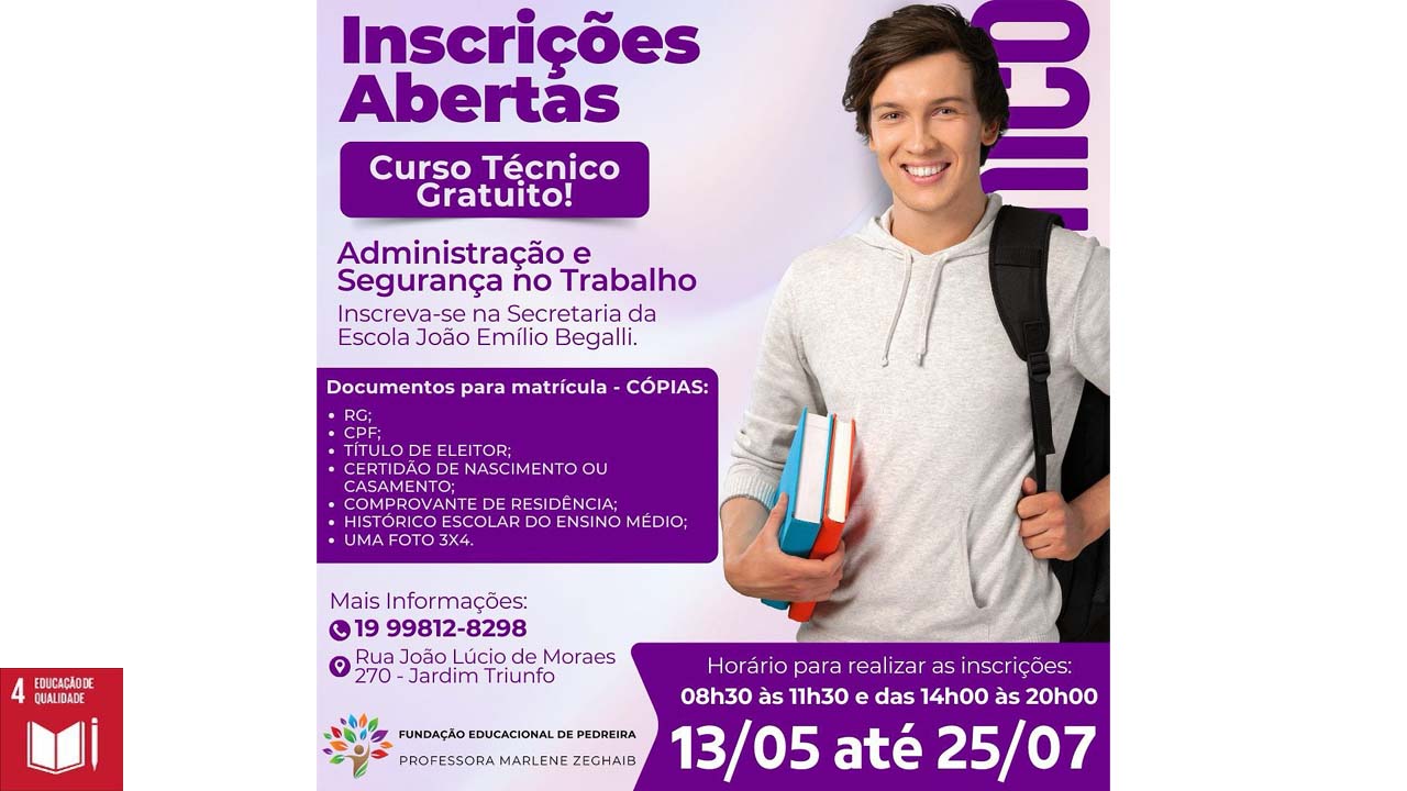 Escola João Emílio Begalli recebe inscrições para cursos profissionalizantes gratuitos