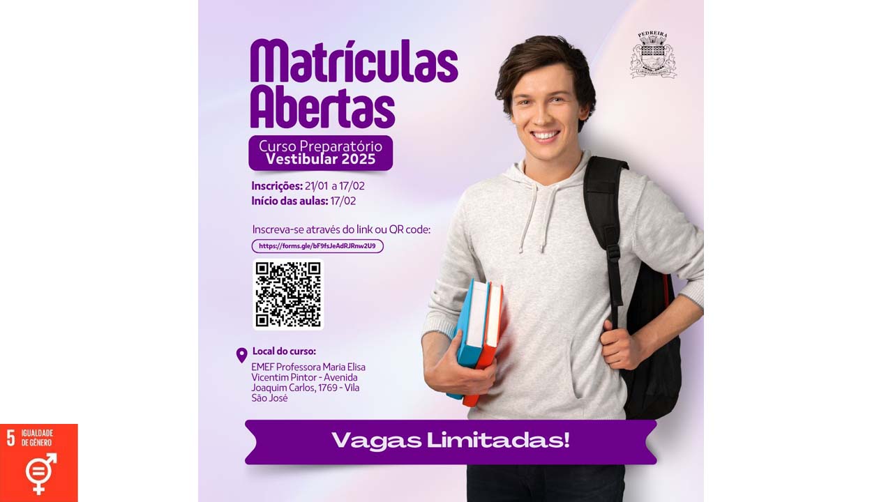 Cursinho Municipal Pré-Vestibular de Pedreira recebe inscrições até segunda-feira, 17 de fevereiro