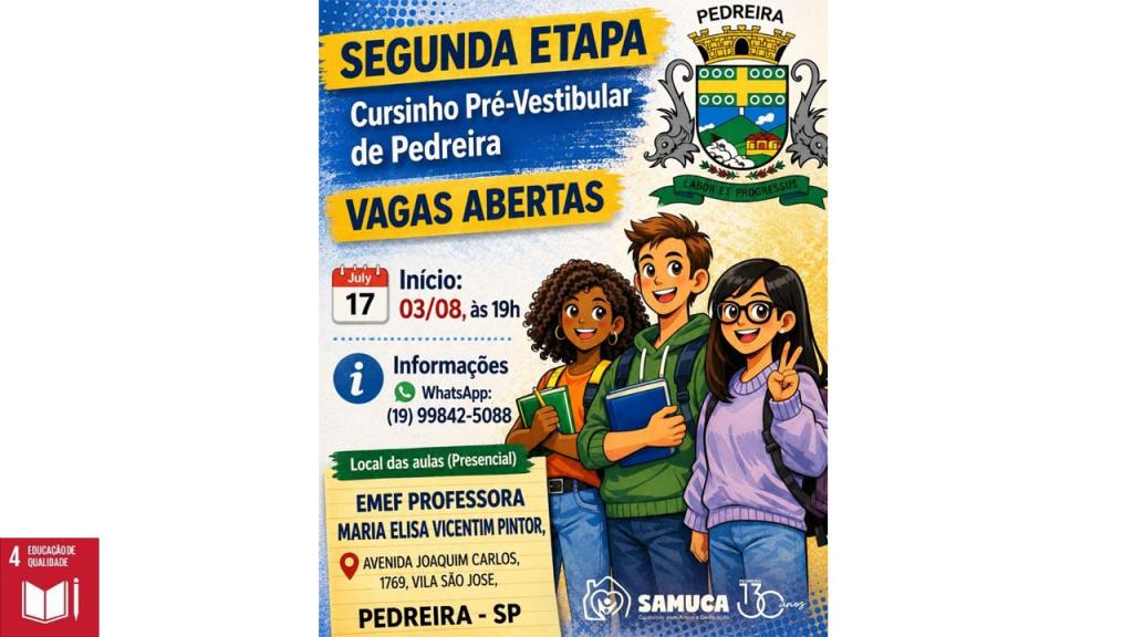 Cursinho Municipal Pré-Vestibular de Pedreira recebe inscrições para sua 2ª Etapa a partir de 03 de agosto