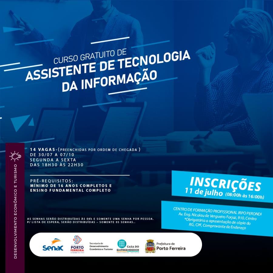 Prefeitura e Senac abrem inscrição no dia 11.07 para o Curso de Assistente de Tecnologia da Informação