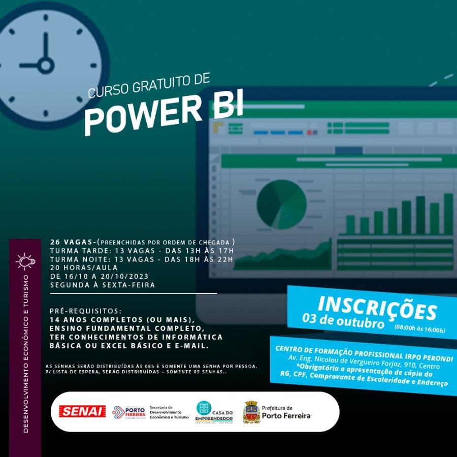 Prefeitura e Senai abrem nesta terça-feira (03.10) inscrições para o curso gratuito de Power BI