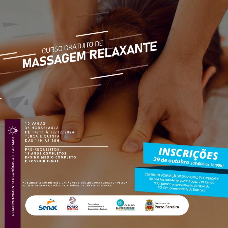 Prefeitura e Senac abrem na próxima terça-feira (29/10) inscrições para o curso de massagem relaxante