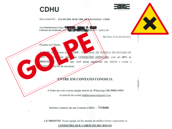 Golpe: mutuários da CDHU de Porto Ferreira e região estão recebendo cartas falsas que anunciam vantagens