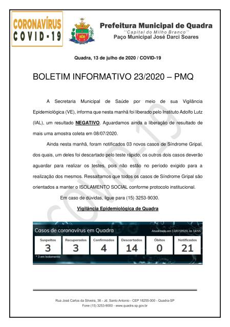 BOLETIM 23/2020 - PMQ CONTRA O CORONAVÍRUS