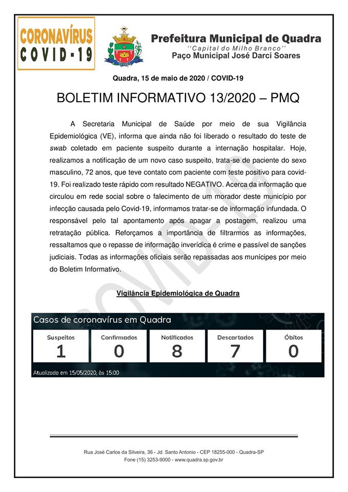 BOLETIM 13/2020 - PMQ CONTRA O CORONAVÍRUS