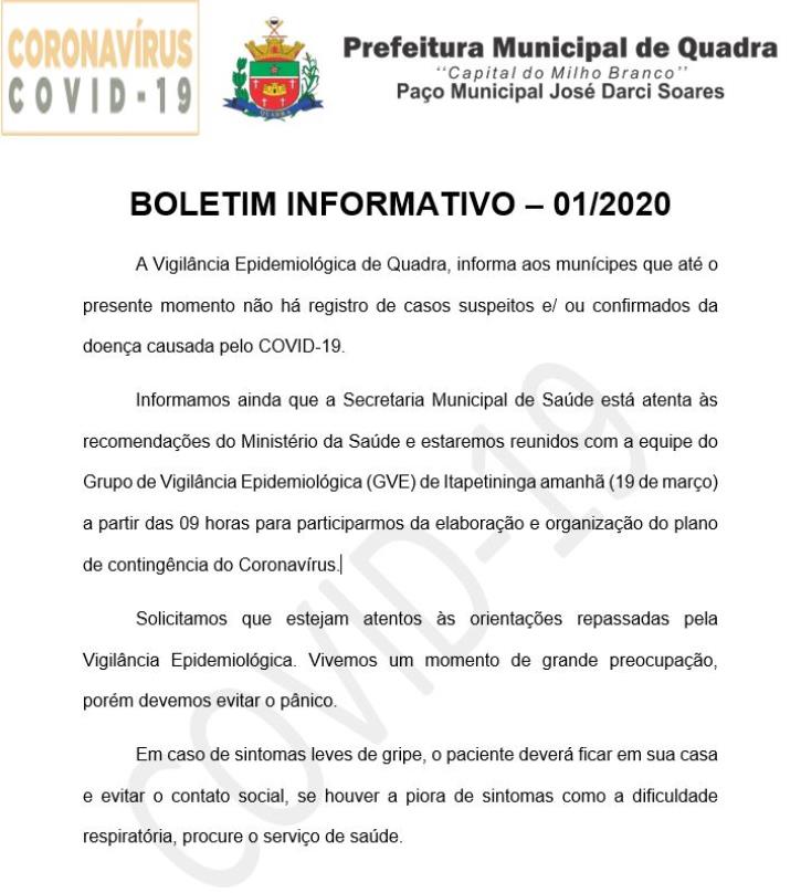 BOLETIM 01/2020 - PMQ CONTRA O CORONAVÍRUS