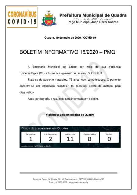 BOLETIM 15/2020 - PMQ CONTRA O CORONAVÍRUS