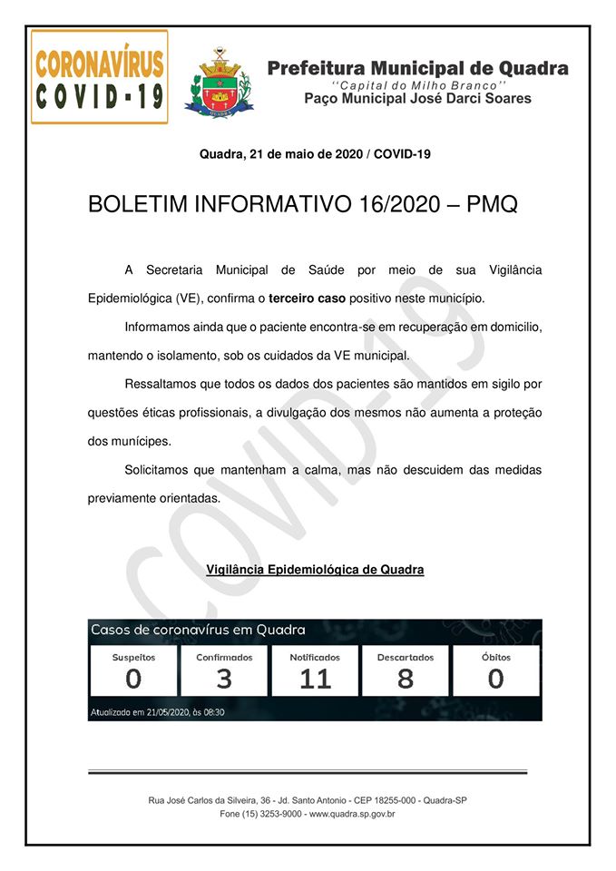 BOLETIM 16/2020 - PMQ CONTRA O CORONAVÍRUS