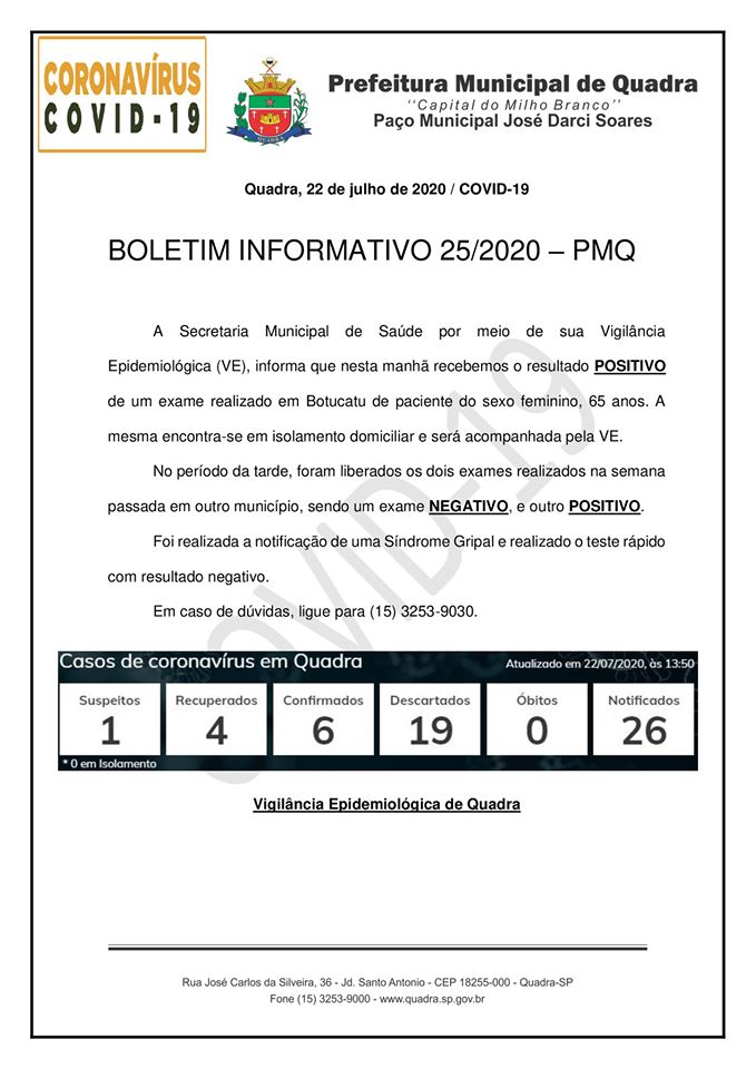 BOLETIM 25/2020 - PMQ CONTRA O CORONAVÍRUS
