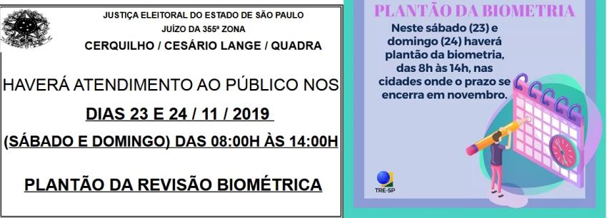 Plantão da Biometria em Quadra 23 e 24/11