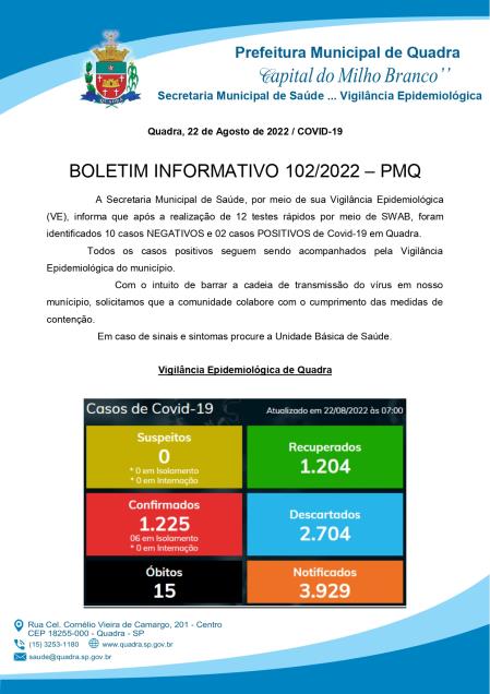 BOLETIM 102/2022 - PREFEITURA DE QUADRA