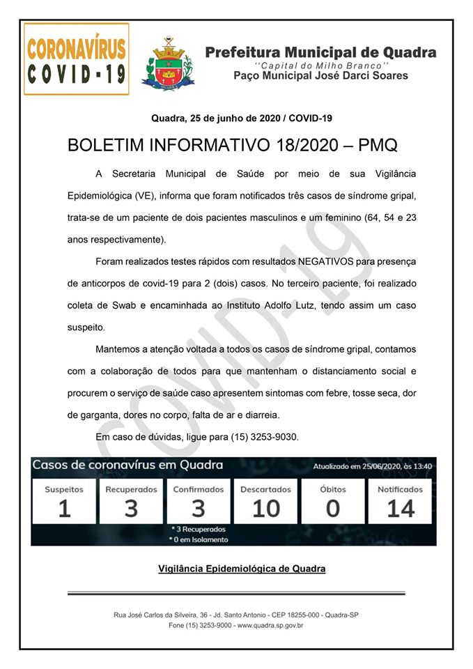 BOLETIM 18/2020 - PMQ CONTRA O CORONAVÍRUS