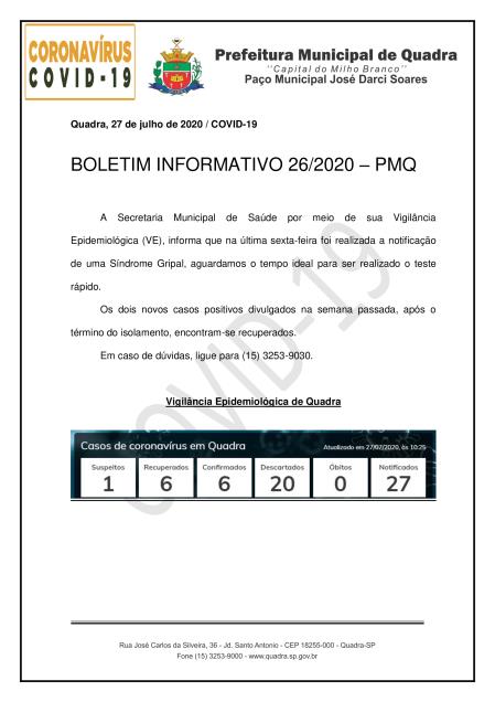 BOLETIM 26/2020 - PMQ CONTRA O CORONAVÍRUS
