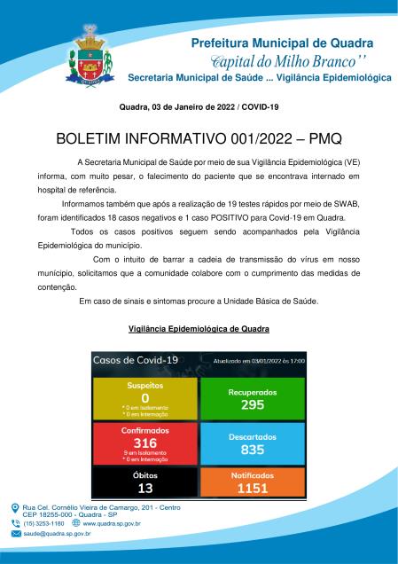 BOLETIM 001/22 - PREFEITURA DE QUADRA