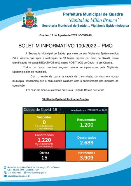 BOLETIM 100/2022 - PREFEITURA DE QUADRA