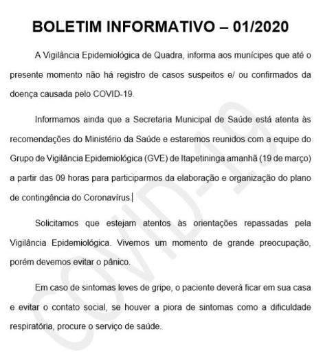 BOLETIM 01/2020 - PREFEITURA DE QUADRA