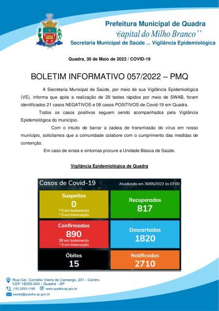 BOLETIM 057/2022 - PREFEITURA DE QUADRA