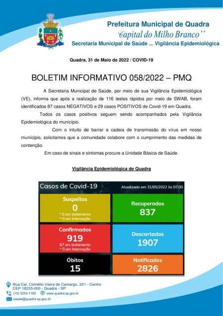 BOLETIM 058/2022 - PREFEITURA DE QUADRA