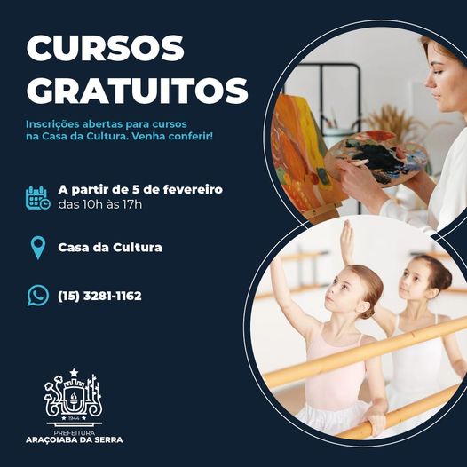 A Prefeitura de Araçoiaba da Serra, através da Secretaria de Cultura e Turismo, está com as inscrições abertas para as oficinas culturais.