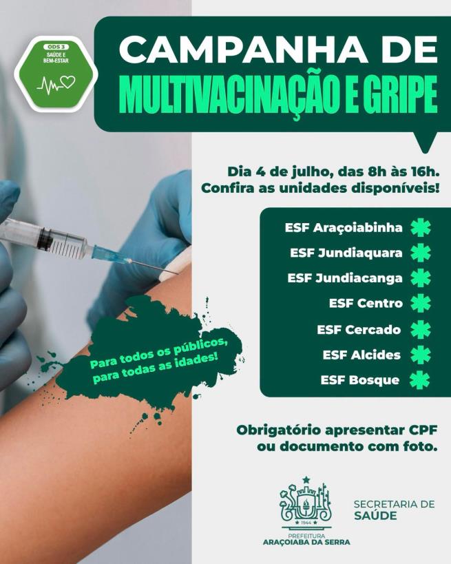 Campanha de Multivacinação e Vacinação contra a Gripe acontece em 04 de julho