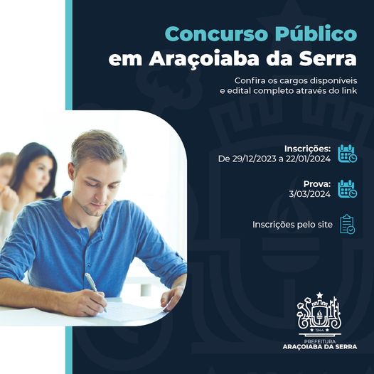 As inscrições para o concurso público de Araçoiaba da Serra iniciam amanhã (29) e acontecem até o dia 22 de janeiro através do site www.igecs.org.br.