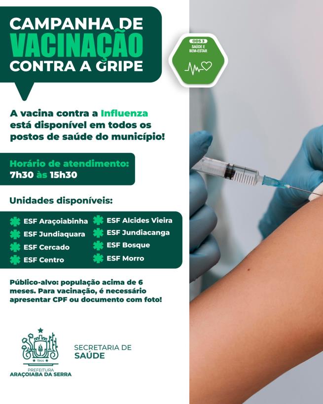 Campanha de Vacinação contra a Influenza já está disponível em Araçoiaba da Serra