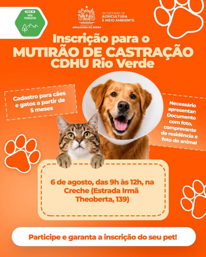 Inscrições para o Mutirão de Castração Gratuita acontecem amanhã no CDHU Rio Verde