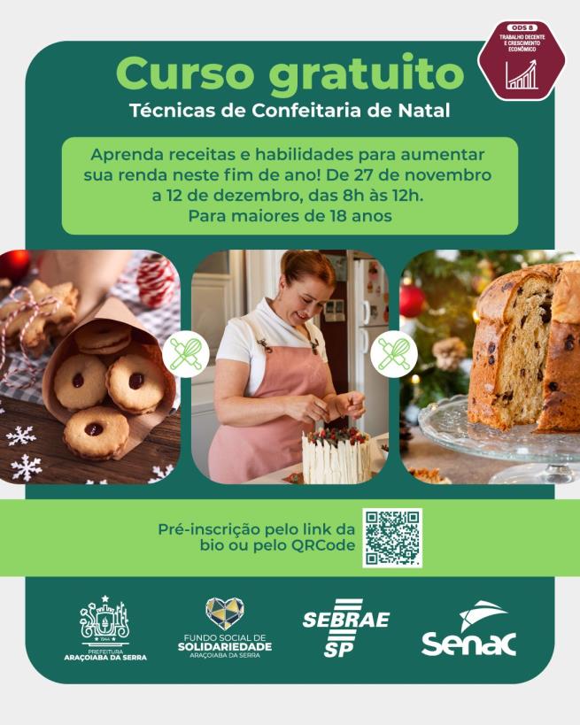 Curso gratuito de Confeitaria de Natal em Araçoiaba da Serra!