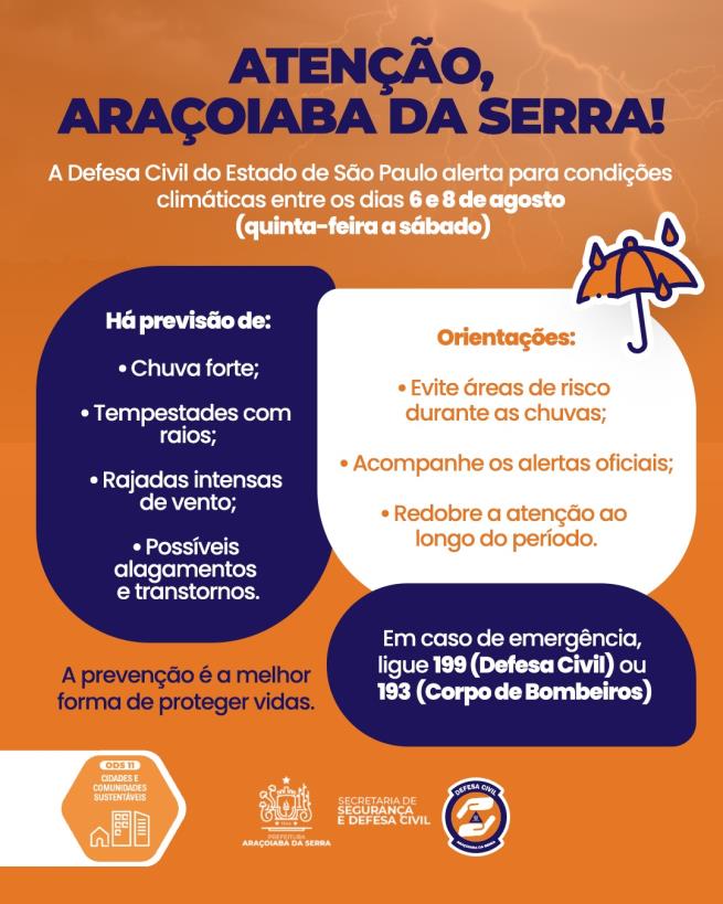 Defesa Civil alerta para previsão de chuvas fortes entre os dias 6 e 8 de agosto
