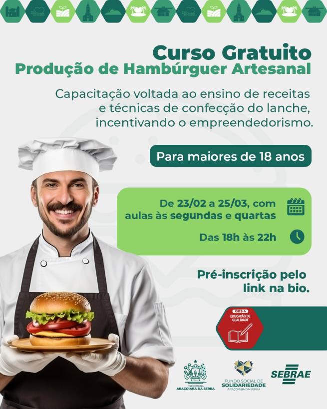 Curso gratuito de hambúrguer artesanal abre inscrições
