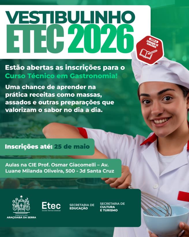 Inscrições abertas para o Vestibulinho Etec com curso técnico em Gastronomia