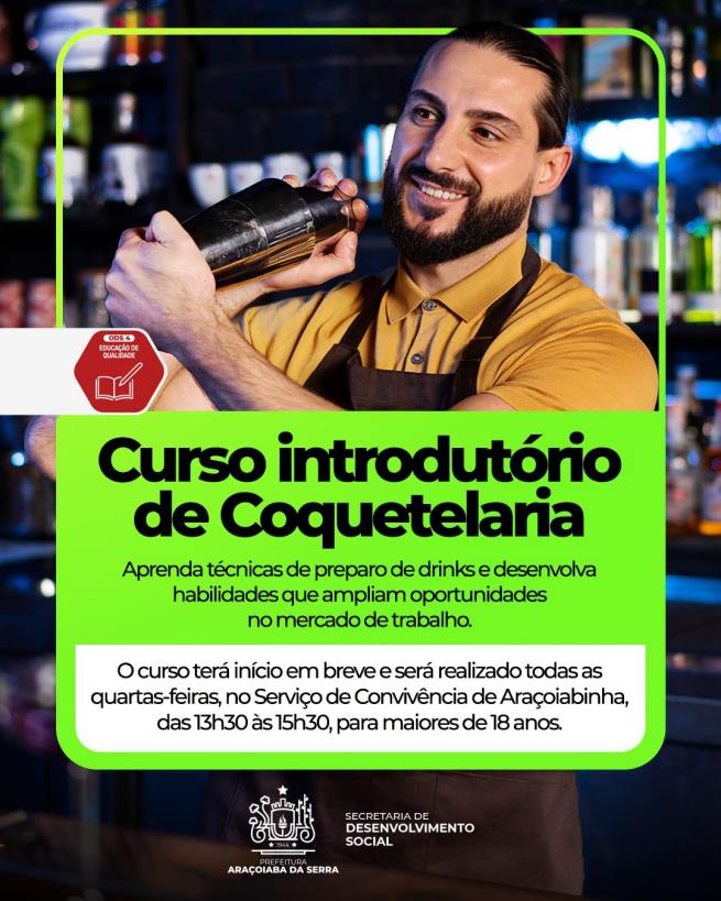 Inscrições abertas para o Curso Introdutório de Coquetelaria Bartender