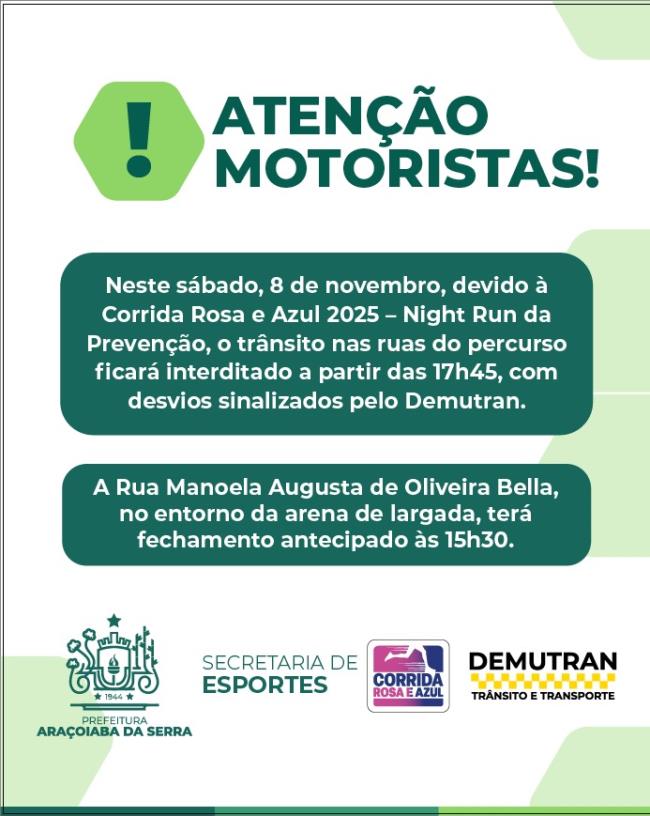 Interdição de vias para a Corrida Rosa e Azul 2025 – Night Run da Prevenção neste sábado