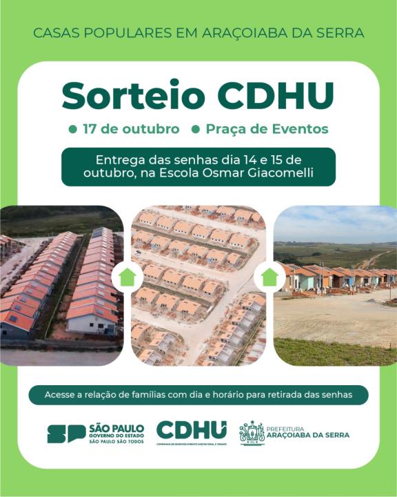 Sorteio da CDHU em Araçoiaba da Serra acontece no dia 17 de outubro