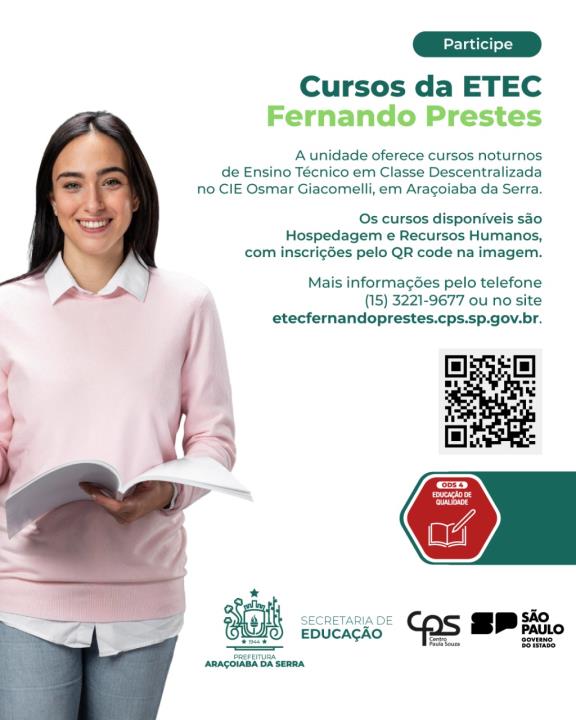 Inscrições abertas para cursos técnicos noturnos da ETEC em Araçoiaba da Serra