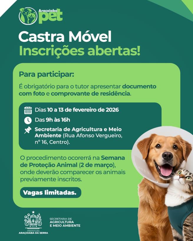 Inscrições abertas para Castra Móvel de cães e gatos