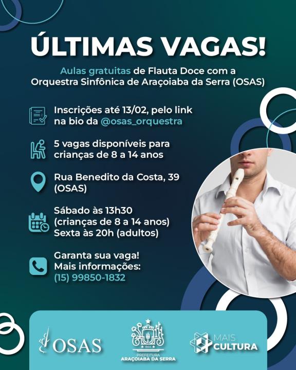 Vagas para aulas gratuitas de flauta doce