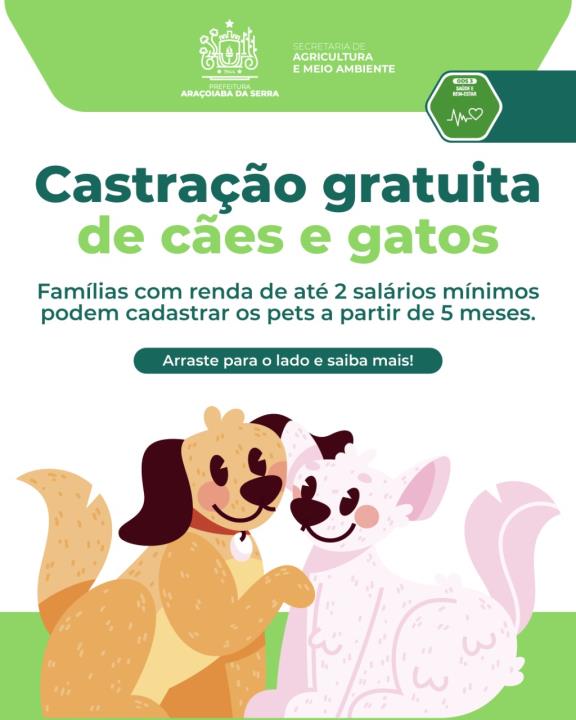 Cadastro aberto para castração gratuita de cães e gatos