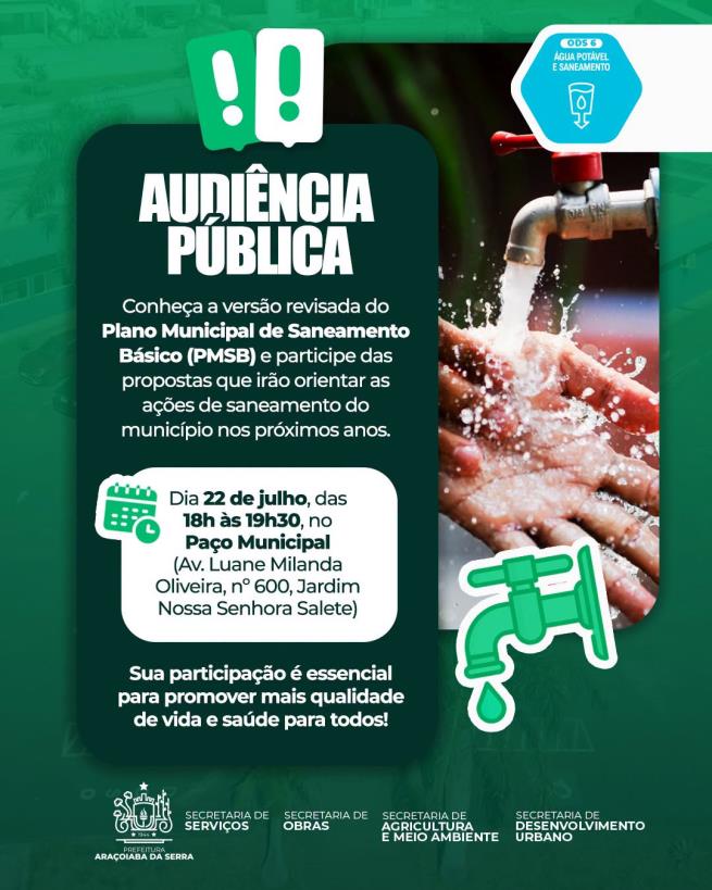 Audiência Pública apresentará versão revisada do Plano Municipal de Saneamento Básico