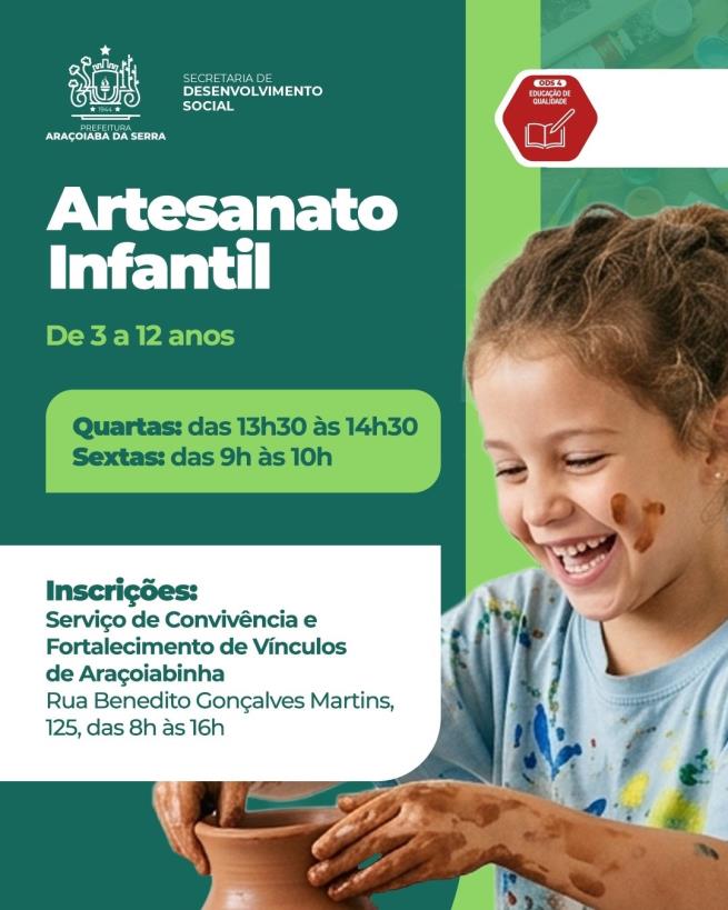 Inscrições abertas para aulas gratuitas de Artesanato Infantil
