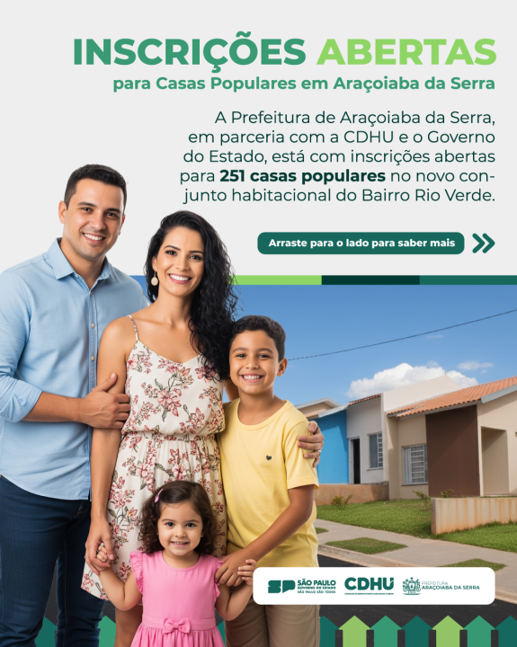 Inscrições abertas para moradias populares da CDHU em Araçoiaba da Serra