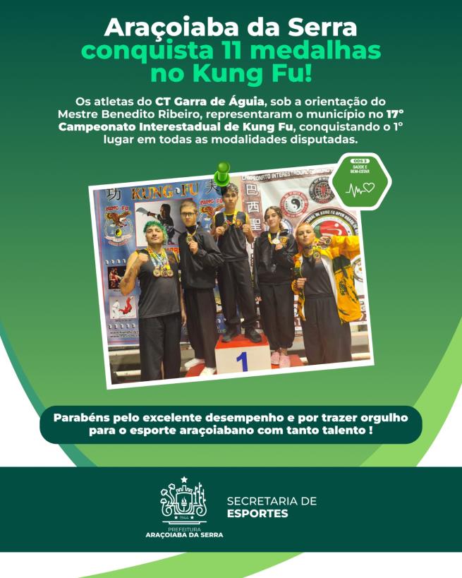 Araçoiaba conquista 11 medalhas no Campeonato Interestadual de Kung Fu