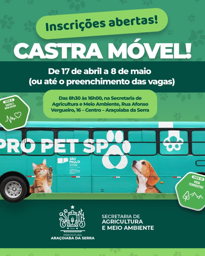 Inscrições abertas para o programa Castra Móvel com 200 vagas disponíveis