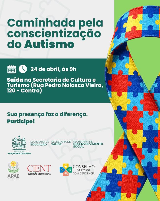 Caminhada de conscientização sobre o autismo será realizada no dia 24 de abril no Centro