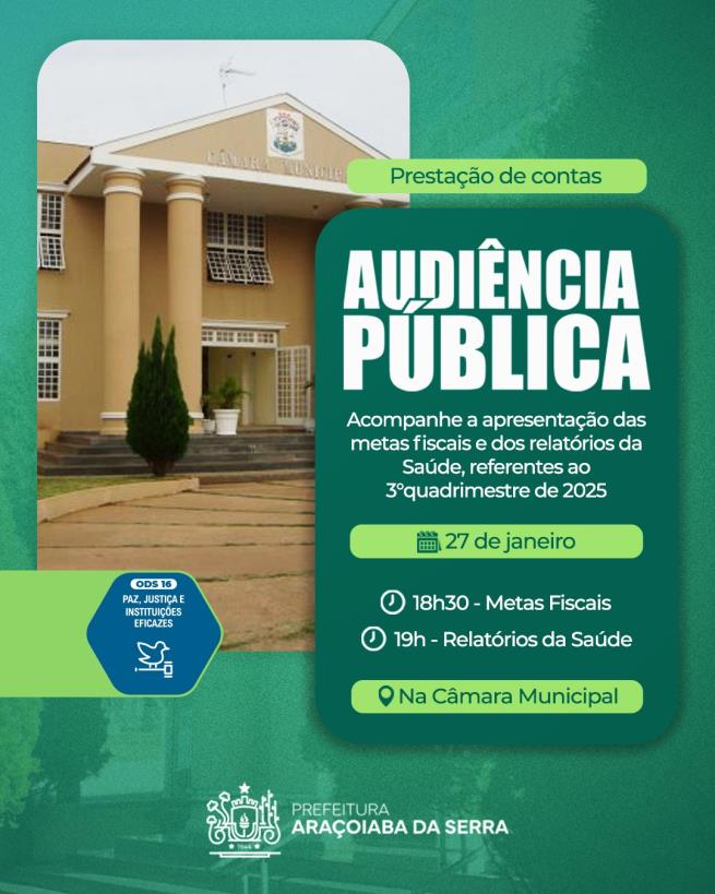 Audiência Pública de Prestação de Contas será realizada no dia 27 de janeiro