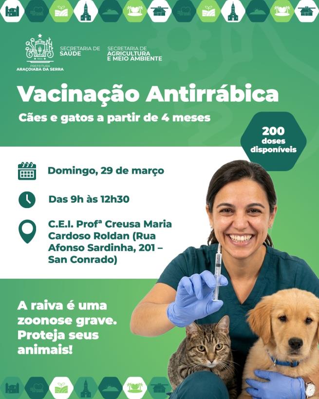 Vacinação Antirrábica de Cães e Gatos acontece neste domingo, 29 de março