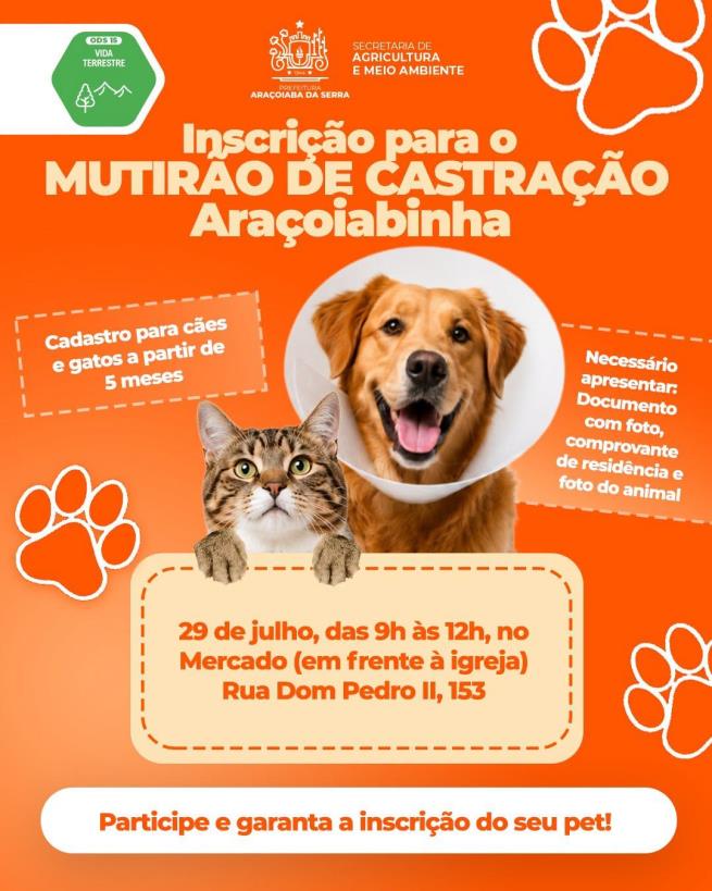 Araçoiabinha recebe inscrições para o Mutirão de Castração Gratuita nesta terça-feira (29)