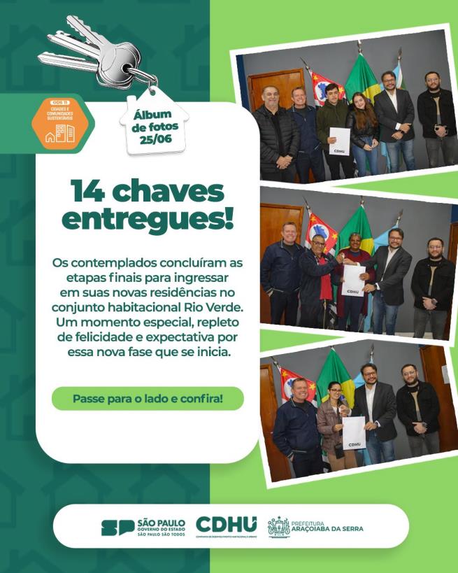 CDHU entrega chaves a 14 famílias no Conjunto Habitacional Rio Verde