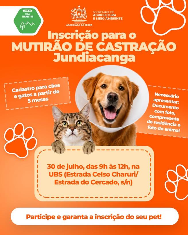 Jundiacanga recebe inscrições para o Mutirão de Castração Gratuita no dia 30 de julho